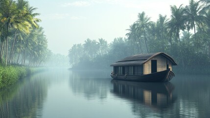 Fototapeta premium Peaceful canal view with houseboats, surrounded by lush greenery