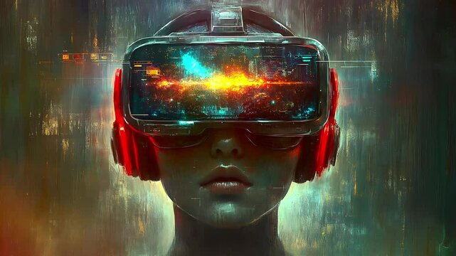 Woman wearing a glowing VR headset with cosmic visuals and futuristic design in a digital atmosphere. Seamless looping time-lapse animation video background  
