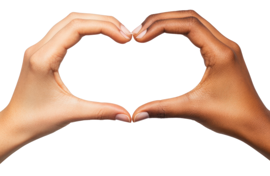 Two hands forming a heart shape on white or transparent background. Valentine's Day unity, love, and diversity