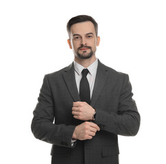 Handsome man in classic suit on white background