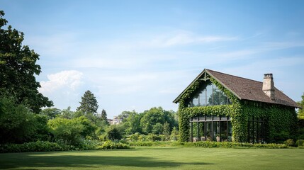Green House Exterior With Lush Garden And Trees