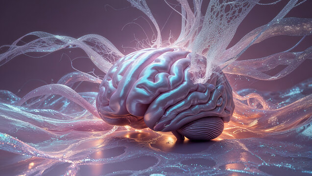 Human brain surrounded by glowing fibers expanding and connecting, showing intelligence and creativity