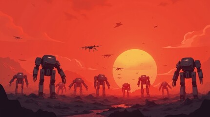 Fototapeta premium Futuristic Mech and Drone Warfare Under a Red Sky