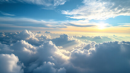 A breathtaking view of fluffy white clouds against a vibrant blue sky, illuminated by the warm glow of the setting sun, creating a serene and tranquil atmosphere.