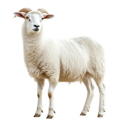 Fototapeta premium A majestic white sheep with a fluffy coat stands confidently, showcasing its unique curled horns and gentle expression, symbolizing nature's beauty and tranquility.