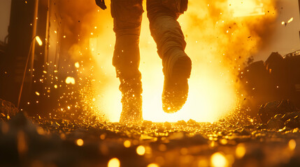 Dramatic low-angle shot of person walking through intense fiery explosion, sparks flying, powerful action scene.