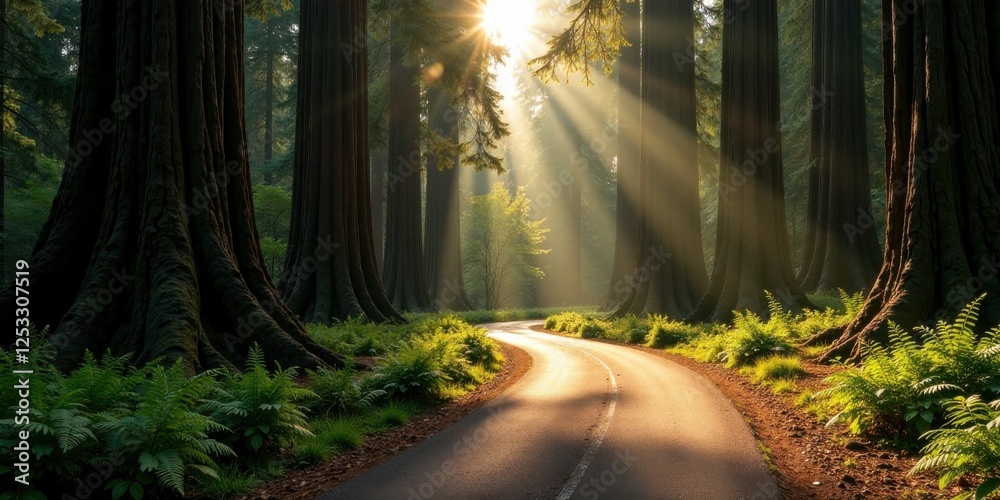 Poster sunbeams illuminate a winding road through a majestic forest of ancient trees, creating a mystical a