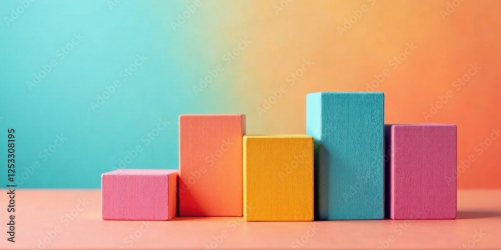 Aufkleber Abstract pastel-colored blocks arranged in an ascending pattern on a soft surface against a gradient background showcasing a minimalist composition ideal for branding or design projects.