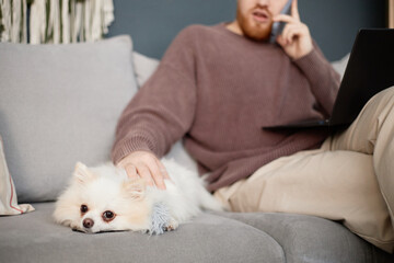 Man sitting comfortably on couch, engaged in phone conversation while small dog rests nearby. Dog looking relaxed and cozy on sofa
