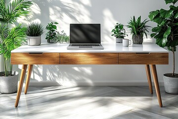 Bright workspace featuring a sleek desk with plants and a laptop bathed in natural light