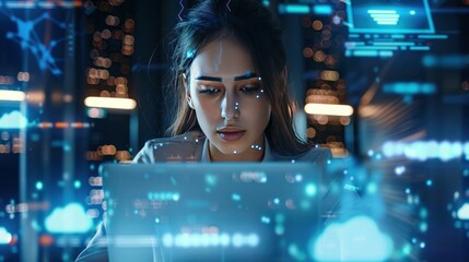 Woman coding late, city night, digital overlay, data analysis