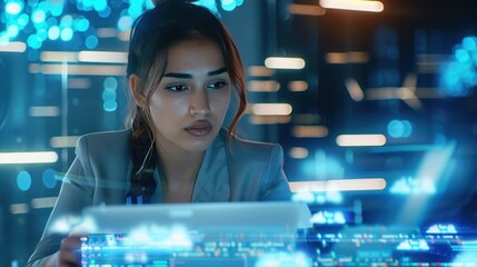 Woman analyzing data, night office, digital overlay, futuristic