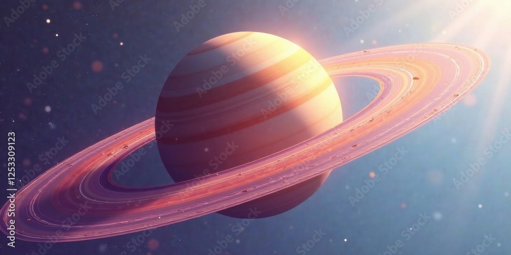 Poster a celestial body with a prominent ring system, illuminated by a distant sun, floats serenely in the 
