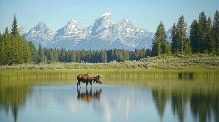 Moose Reflections in Tranquil Lake with Majestic Mountains in the Background