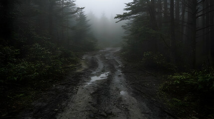 Obraz premium Foggy mountain road, muddy puddles, dark forest. Travel background