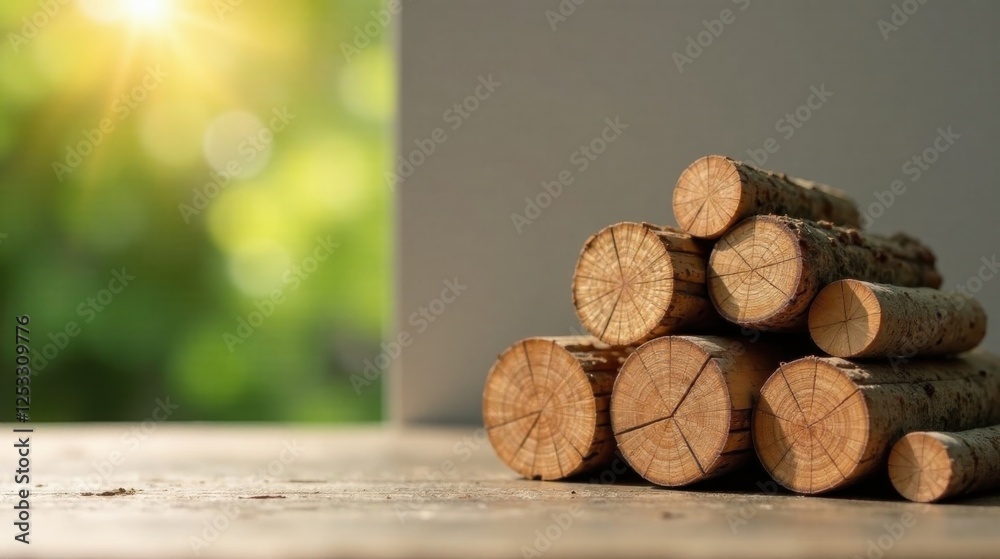 Aufkleber a stack of neatly arranged wood logs rests on a rustic wooden surface, bathed in warm sunlight again