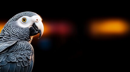 Obraz premium A close-up of a parrot with vibrant plumage against a blurred, colorful background at dusk