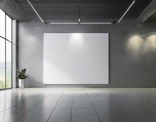 modern interior with blank white canvas on concrete wall reflective floor and geometric ceiling lights in spacious room 3d rendering