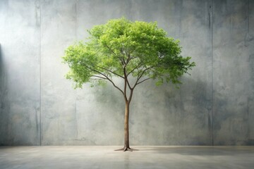 Obraz premium A solitary tree stands tall against a textured concrete wall, a serene image evoking contemplation and the resilience of nature