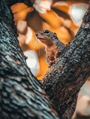 Squirrel on a Tree Trunk with Autumn Leaves in Soft Focus Background