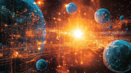 Abstract Digital Universe Teal And Blue Lines With Orange And Cyan Spheres On A Dark Backdrop.