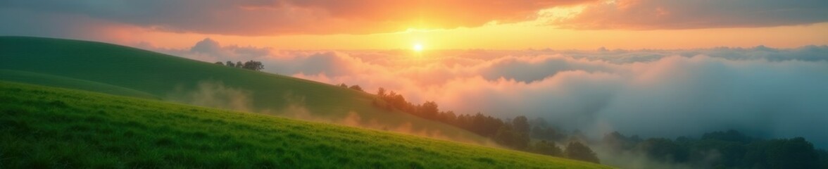 Clouds and mist at sunrise over a rolling hill, peaceful, green, earthy