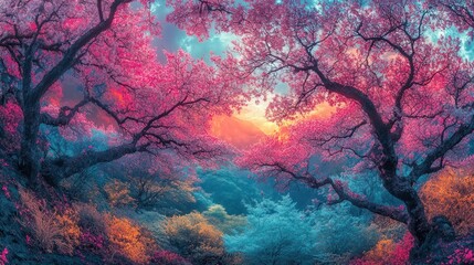 Dreamlike Pink Blossoms Frame Sunset Mountain View