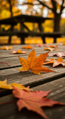 Obraz premium Autumn's Touch: Maple Leaves on Wooden Table, Fall Season's Beauty & Warmth, Rustic Charm, Nature Photography, Serene Outdoor Scene