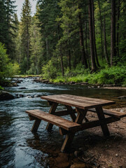 Fototapeta premium Rustic wooden picnic table by a calm river in a scenic forest.