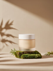 Skincare Cream Jar on Moss-Covered Wooden Stump
