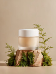 Skincare Cream Jar on Moss-Covered Wooden Stump
