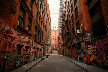 Naklejka premium Graffiti-covered alleyway in a city