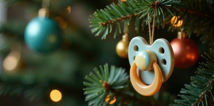 Hanging pacifier from a Christmas tree branch, tree, festive