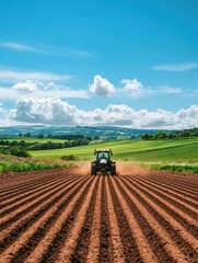 Tractor Cultivating Soil in Lush Green Farm Landscape under Blue Sky