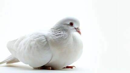 Obraz premium A beautiful white pigeon with red eyes is sitting on a white background. The pigeon is looking to the right of the frame.