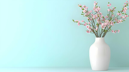 Naklejka premium Pink blossoms in white vase against blue wall. Spring interior design, home decor