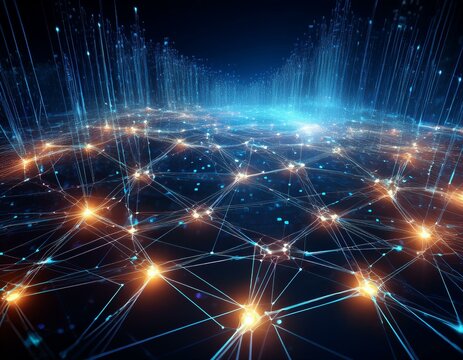 futuristic global network visualization with glowing nodes and connections representing digital transformation and worldwide data exchange