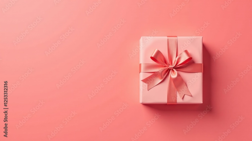 Poster a delicately wrapped pink gift box with a coral ribbon bow, presented on a matching coral background