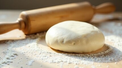 Fototapeta premium Preparing Homemade Bread Dough on a Wooden Surface with a Rolling Pin