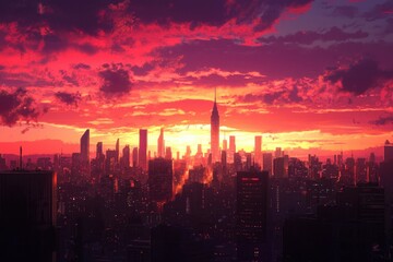 Fototapeta premium City Skyline Sunset View, Urban Landscape, Sunrise, Vivid Colors