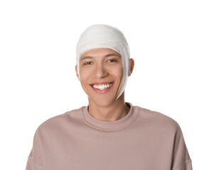 Man with head wrapped in medical bandage on white background
