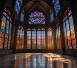 Obraz premium High ceiling with large stained glass windows, stained glass windows, arched windows, holy trinity