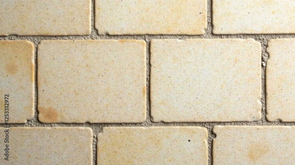 Leinwandbilder Close-up view of a section of square tiles exhibiting a pale, speckled beige tone and irregular edges, showcasing a textured surface with subtle variations in color and grout lines.