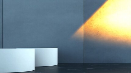 Warm light illuminates sleek white cylindrical platforms against a cool grey wall. AI Generated
