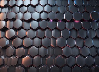 Fototapeta premium High-tech rendering of a hexagonal abstract metal background with bright light and color-shifting effects, metallic background, high-tech finish, modern architecture.