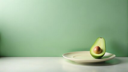 A halved avocado with a visible pit rests on a simple, elegant plate against a muted green backdrop.