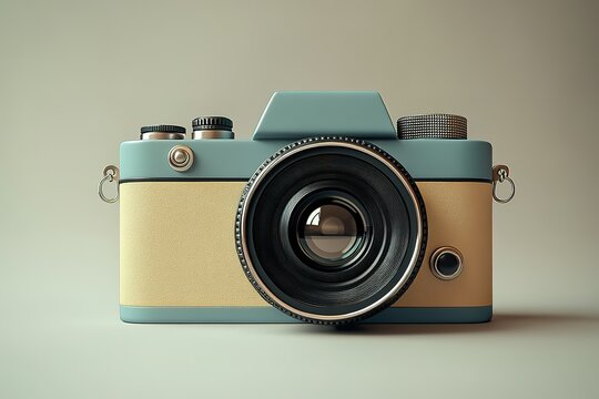 Retro-styled camera in light blue and tan blending vintage aesthetics with modern design elements Detailed lens and textured knobs
