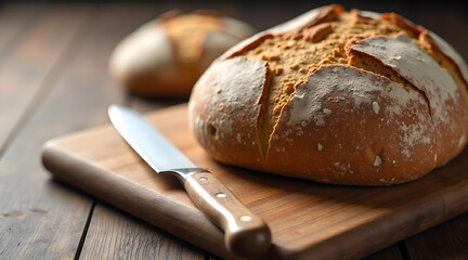 Golden-brown artisanal bread on a wooden cutting board with a sharp knife nearby, inviting and freshly baked, emphasizing craftsmanship and comfort