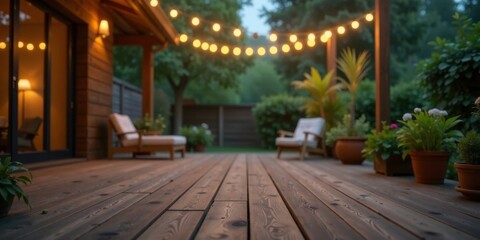Obraz premium Serene Evening on a Wooden Deck with String Lights and Lush Greenery