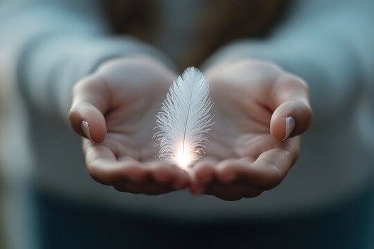A single glowing feather gently descends from the sky, landing softly in the hands of a meditating figure, symbolizing renewal and deep healing in a serene moment of tranquility and reflection